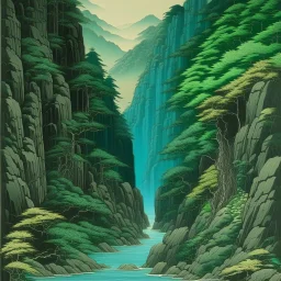 A greenish blue gorge made out of minerals painted by Utagawa Hiroshige