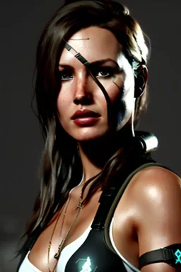 camilla luddington face, lara croft clothes, portrait busty and face, light effects, particles,