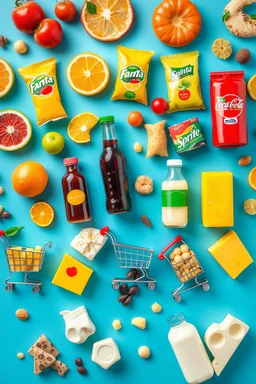 A design filled with various fruit juices, chips, Fanta, Coca-Cola, Sprite, various chocolates, shopping carts, cheese, butter, pasteurized milk, and dairy products in bright, cheerful, and eye-catching colors.