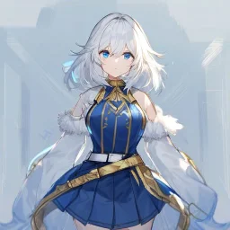 Clear focus, High resolution, rough line sketch art, short fluffy white hair, hair between eyes, fluffy hair, blue eyes, wearing a sleeveless shirt, wearing a a pleated skirt , detailed outfit, lots of details, bow on belt, white belt, white and blue everywhere on outfit, cut sleeve, yellow chains around outfit, concept art, arms folded, 1girl, genshin splash art, gift box looking