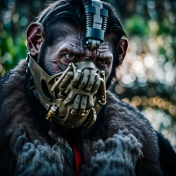 Cyborg, Ape, breathing device, gas mask, respirator Christopher Nolan, Dystopian, Extreme depth of field, bokeh blur, Alberta, all-natural, in the style of candid, Fuji Film, Anamorphic lens