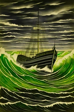 1925 big boat on the sea with medium waves (dark colours)