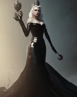 old evil queen in black leather gown, femme fatale, volouptous, busty, cleavage, angry, emperious, 8k resolution concept art portrait by Greg Rutkowski,