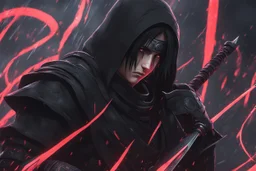 Itachi Uchiha in 8k nier automata artstyle, Uchiha ninja Custom, neon effect, close picture, rain, dark souls world, intricate details, highly detailed, high details, detailed portrait, masterpiece,ultra detailed, ultra quality