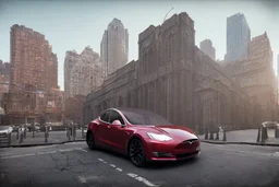 A Tesla 'Model Y' is parked, near the 'Central Synagogue' in New York City. (CINEMATIC, WIDE ANGLE LENS, PHOTO REAL)