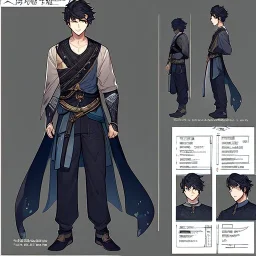 Character sheet, male, black hair, poor, cloth and leather clothes, pants