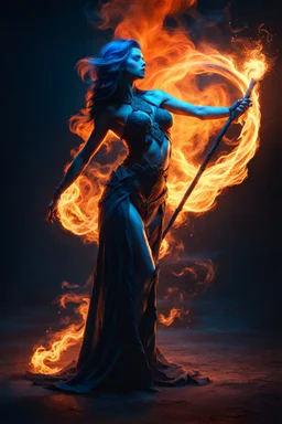 The female Shadow of Death using the staff of destruction. blue fire and orange smoke. fantasy art, Cinematic lighting, Volumetric lighting, Epic composition, the naked truth, octane render