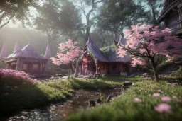 Immersive​ fantasy elven town in the deep forest with beautiful flower pink tree