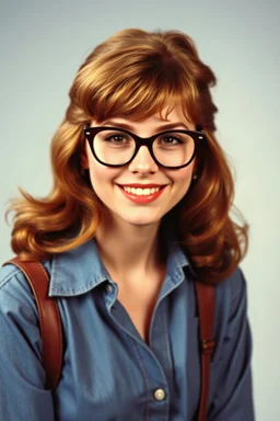 full color image, 1980's yearbook photo, girl, Molly Ringwald, 24 years old, a sly, clever smile on her face, 1980's clothing and hair styles, 4k UHD, photorealistic, (big, full, plump, pouty lips:1.5) big cat-eye eyeglasses, full body, head to toe, full frontal