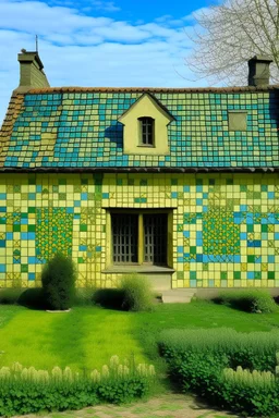 A pale greenish yellow house near a field made out of pixels designed in ancient Roman mosaics painted by the Limbourg brothers