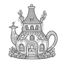 A fairy house shaped like a teapot, exact shape, real image, minimal lines, white back ground color, real style, realistic, minimalistic, minimal black line art, line art, crisp line art, unique coloring sheet, outlined, outline, crisp, crisp line edges, illustration, thin lines, crisp clear lines, line art, clean line art, unique, 8k, no colors, no dark color, no black color, avoid thick black, minimalistic line edges, pure white back ground,