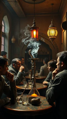 Bosch painting style nightmare , 3D , people are smoking Hookah in a cafe with middle eastern decor on the background, high Quality picture , 8k