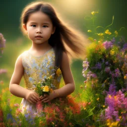 subtle indigenous child, beautiful portrait, flowery landscape, light, sun