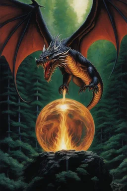 magic orb dripping with dragon fire. cloned wings. perfect claws. fantasy setting. painted by Larry Elmore