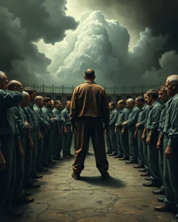 Bosch painting style, nightmare , prisoners lined up in circle , one after another , great quality picture with cinematic scenes , heavy clouds in the background
