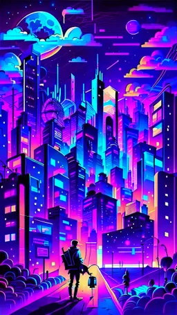 illustrations with a professional art style that show people learn artificial intelligence, use colorful and midnight city theme as a background, make it outstanding