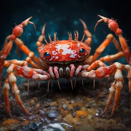 Studio quality photo, spider crab hybrid, intimidating, scary, photorealistic, fantasy, dystopian, vibrant bright colors, hyper realistic, extremely detailed, bone, flesh, dripping, evil smile, extremely detailed bulging evil eyes, splattered,