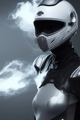 All Black racing suit AnnaSophia Robb, portrait, ghost mask, wearing high tech racing helmet, white smoke, dark, rage, sorrow, high definition, ultra 8 k, volumetric lighting, blue fire, fog