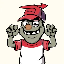 cartoon monster wearing a ballcap and T-shirt holding an directional arrow overhead with both hands, on solid color background
