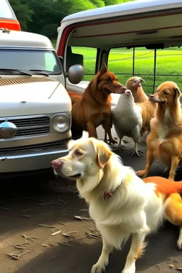 Perro en conduciendo atropellando gallinas