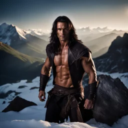 Handsome and muscular 30 year old shirtless mountain man long dark hair, dark fantasy, snow capped mountains