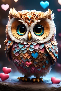 hyperdetailed, 4k, highres, masterpiece, Cute adorable chibi fluffy owl made of swirly hearts, whimsical and endearing style; Bright bepastel colors colors; extreme detail; intricate motifs; gorgeous eyes: Bastien Lecouffe Deharme; jeremy_mann; andree_wallin : deep depth of field : bright dramatic lighting : craig_mullins; radial; maximalist; deviantart; Ray Tracing; Yoshikata Amano; Edwin Landseer; Ismail Inceoglu; Russ Mills; Victo Ngai; Bella Kotak; 3d; perfect composition, ultra-realistic, 8