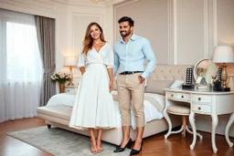 very beautiful lady with beautiful midi skirt and blouse standing next to her couple in a luxury bedroom with high heels next to makeup desk looking to camera