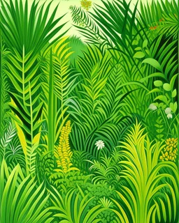 A lime green tropical jungle designed in ancient Greek mosaics painted by Henri Rousseau