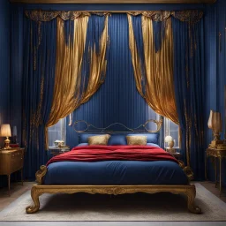 Bedroom in midnight blue, red and gold. A wide old bed and a large window with curtains