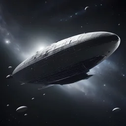 the zeppelin shaped space ship is shown flying through the star field, hyperspace noir, forced perspective, dark gray and gray