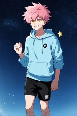 An androgynous young man with tousled pink hair and golden eyes floating among the stars wearing a light blue hoodie and black board shorts. He is smiling softly and holding a star in one hand.