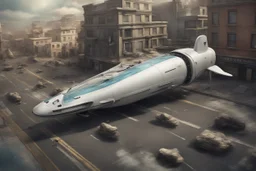 small, sleek, cargo spaceship, looking like the Seaview flying sub, landing on an alien street, photorealistic, highly detailed