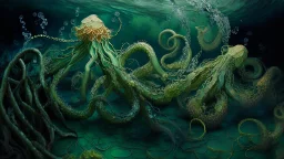 Underwater octopuses, algae and muses dance tangled to the beat of the tide