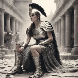 [vintage style noisy scratches glitches, Shot the texture and then rewound the film and double exposed the face] [old faded image of a woman Roman legionary crouching in sandal tall amidst the chaos of the Roman celebration. Clad in gleaming chainmail, a majestic plume in hairs, she exudes an aura of strength and determination that sets her apartaround herstraw-covered ground, demonic, satanic,] Retrofuturism: Where Yesterday’s Tomorrow Still Shines