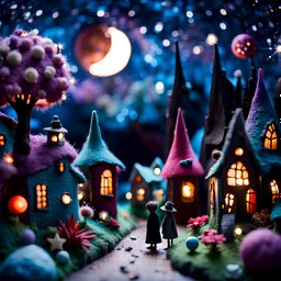 Detailed people, creepy street made of modeling clay and felt, village, stars, galaxy and planets, sun, volumetric light flowers, naïve, Tim Burton, strong texture, extreme detail, Yves Tanguy, decal, rich moody colors, sparkles, Harry Potter, bokeh, odd