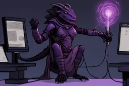 a black and purple, female argonian artificer who uses Tesla coils, skinny, wearing little armor, in her lab