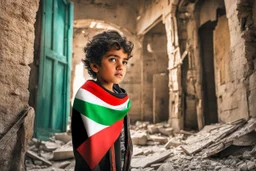 A Palestinian child in a broken building, Palestine flag, neon effect , close picture, highly detailed, high details, detailed portrait, masterpiece,ultra detailed, ultra quality