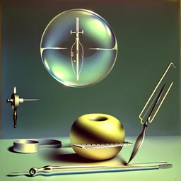 Soap Bubble including complex surgical instruments mixed with musicial instruments,minimalism,Painting By Adrian Ghenie, Rene Magritte, Salvador Dali, Lucian Freud