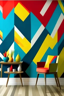 Create a hand-painted muraL featuring energetic chevrons in a striking color scheme, evoking a sense of modern sophistication. Give it a handpainted wall mural effecg