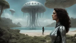 Detailed matte painting of a wide-angle shot of a woman, standing on the right side of an alien beach, with dark hair in a silver robotic catsuit, many large floating jellyfish with octopus tentacles, alien jungle trees in the distance