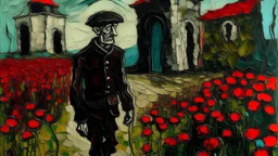 Impasto style.intaglio printing, A giant flower wrapped around his body, blooming vivid red poppies from his eyes, mouth, and ears. He felt as if he were dreaming and walked along the path toward the town. His clothing was a deep black. Above his head, a flock of black birds gathered. Ahead of him, the town and a church came into view. The dawn sky was tinged with pink, a golden crescent moon hanging in the deep navy expanse