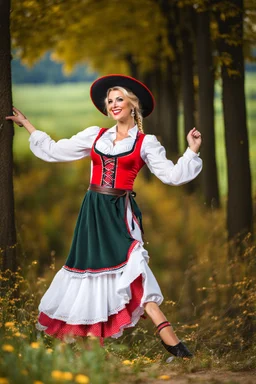 fullbody oktoberfest lady, outdoor folk dancer in countryside