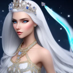 Ice Princess with white hair, a crown with precious stones, bright background