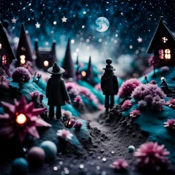 Detailed people, street made of modeling clay and felt, village, stars, galaxy and fog, planets, moon, volumetric light flowers, naïve, strong texture, extreme detail, Yves Tanguy, decal, rich moody colors, sparkles, Harry Potter, bokeh, odd, shot on Ilford