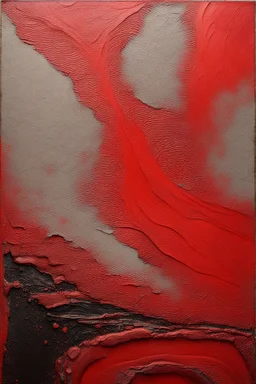 Oil painting made of red paint, thick cement layers