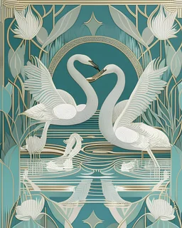 An elegant, Art Deco-inspired illustration of a pair of graceful swans gliding across a serene pond, surrounded by intricate, geometric patterns and lush foliage, evoking the beauty and sophistication of vintage design.