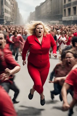 an obese terrified blonde woman in a red pant suit desperately running away from an angry mob of hundreds of people chasing her from far behind