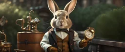 High-end state-of-the-art STEAMPUNK aesthetics flawless smiling cute Honey rabbit holding a teseract, supreme cinematic-quality photography, sage green blue and honey brown pure wool clothes, Art Nouveau-visuals,Vintage style with Octane Render 3D technology,hyperrealism photography, (UHD) with high-quality cinematic character render,Insanely detailed close-ups capturing beautiful complexity,Hyperdetailed,Intricate,8K,Hyperrealism craftwork