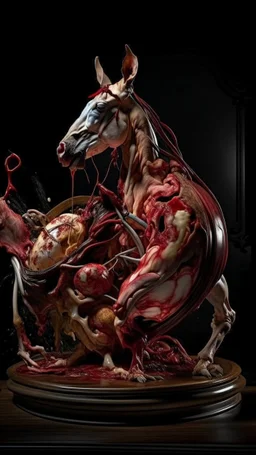 cinematic gore Bosch vs Dali style photorealistic photo of a mangled embryonic horse wrestling itself in a sinewy fleshy soul vortex, anatomically fragmented, ripped apart again being flayed, skinned alive beating heart, muscles, blood vessels, bowels, entrails, capillaries, oozing puss are exposed. Visceral anatomy. physiology. Their face and body opens with a zipper. Bosch and Dali inspired hallucinations. mythology. grotesque.