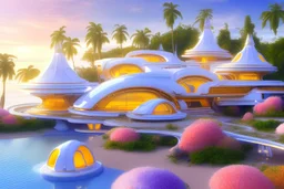 landscape of summer tropical ambient beutiful villa white gold and neon lights bright and colorful bright gloss effect of a futuristic house,like spaceship, natural round shapes concept, large transparent view of the open outdoor garden,sea beach at sunset, gold crystals,with light pink, flowers of Lotus, beutiful pools, light of sun , palmiers,cerisiers en fleurs, wisteria, sun , stars, small waterfalls